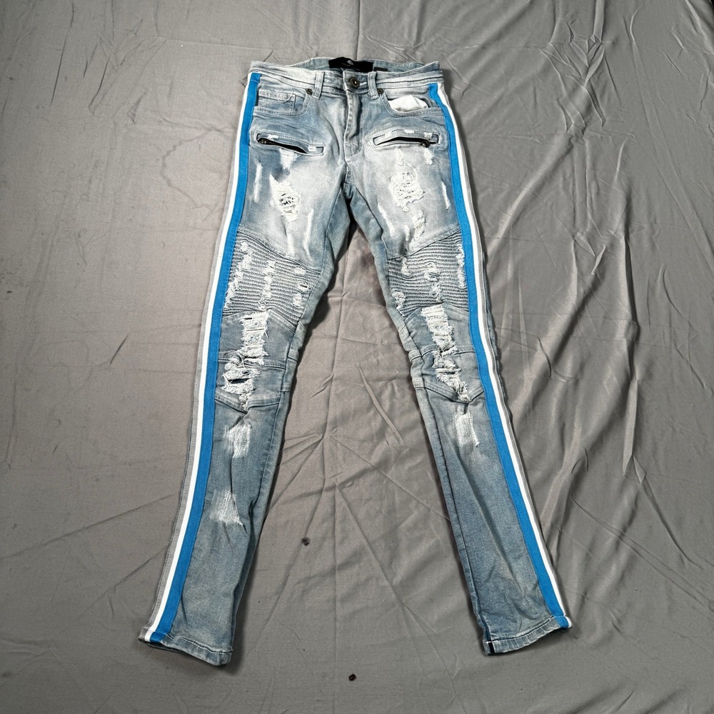 Focus Jeans Mens 29x30 Light Wash Distressed Moto Biker Side Stripe Slim Denim